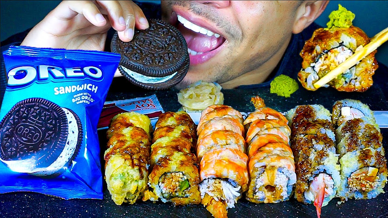 asmr-sushi-rolls-oreo-ice-cream-sandwich-mukbang-big-bites-eating-show