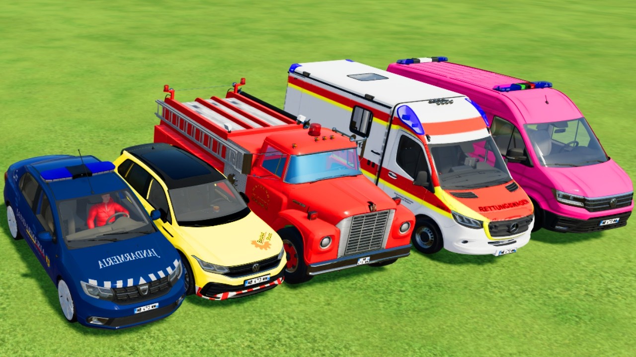 TRANSPORTING POLICE CARS, AMBULANCE, FIRE TRUCK, COLORFUL CARS WITH TRAIN -FARMING SIMULATOR 22!