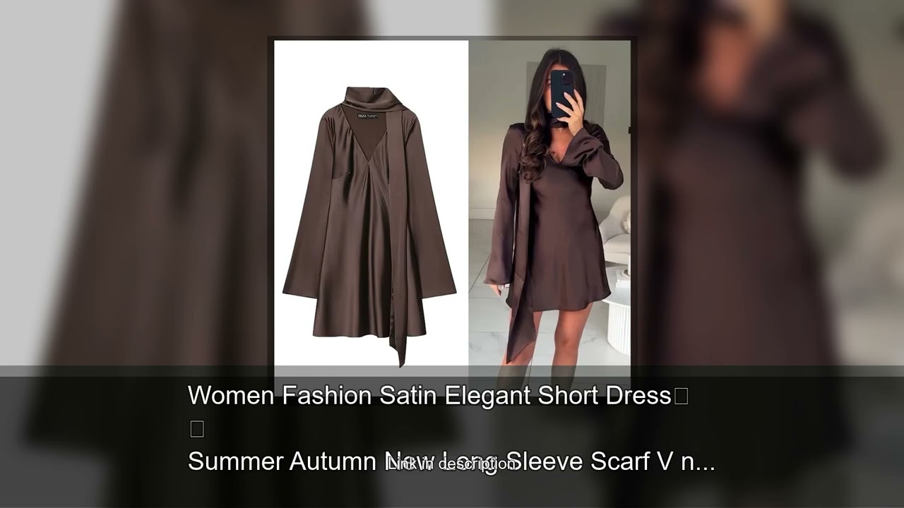 Women Fashion Satin Elegant Short Dress Summer Autumn New Long Sleeve Scarf V neck Mini Dress F