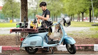 ASMR Cafe Vlog Mini Coffee Shop Vespa Scooter Barista Work Hard Relaxing Mood Kopi Carts Street