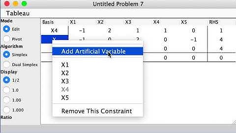 V3-25-LPA-v4. Linear Programming. Artificial variables. Example LP5.LP Assistant demo.