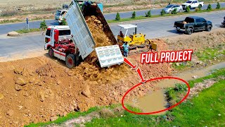 Full Video! Best Complete Project Landfilling by Bulldozer D31P Pushing Soil & Dump Trucks Unloading