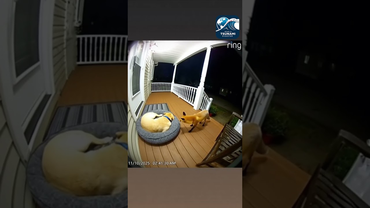 Собака быстро отпугивает лису (снято на камеру Ring)