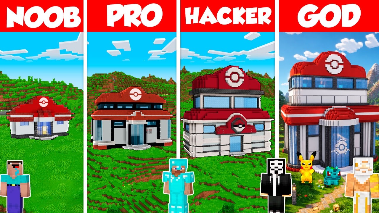 Pokémon Center Build Battle Challenge - Noob vs Pro vs Hacker vs God - Minecraft Animation