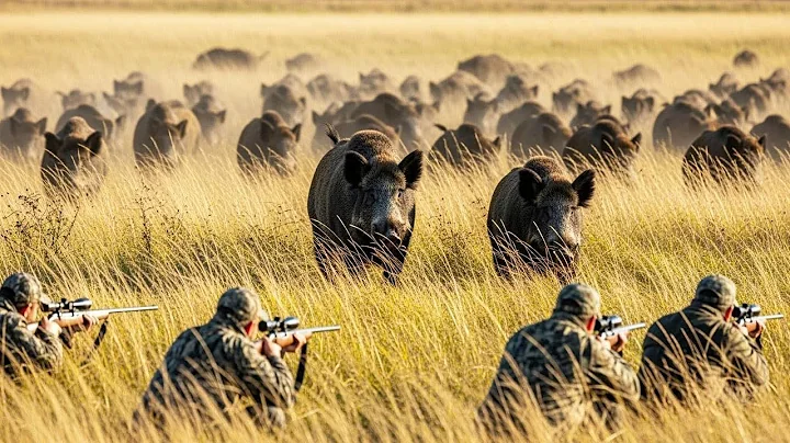 Thrilling Ambush on Grassland - A Herd of Wild Boars Suddenly Charges Straight at the Hidden Hunters