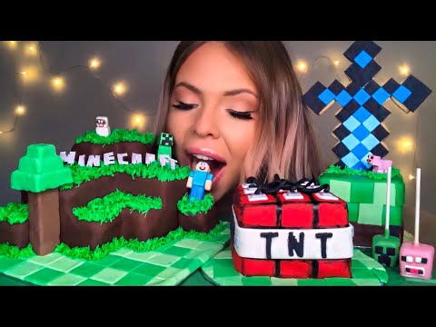 ASMR MINECRAFT CAKE, EDIBLE SWORD, CREEPER FACE, TNT CAKE, EDIBLE STEVE, FOOD ART MUKBANG 먹방