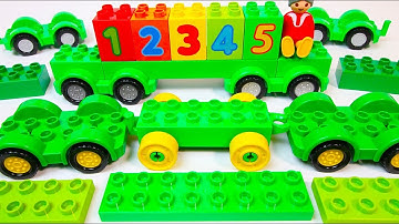 Learn Colors + Numbers 1-5 with GREEN Duplo Cars and Trucks - A Building Blocks Toys Video