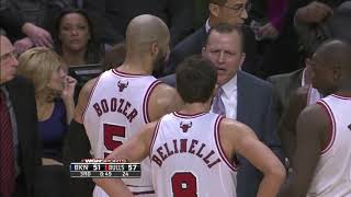 Tom Thibodeau yells at Marco Belinelli after he gave up a offensive rebound to Joe Johnson