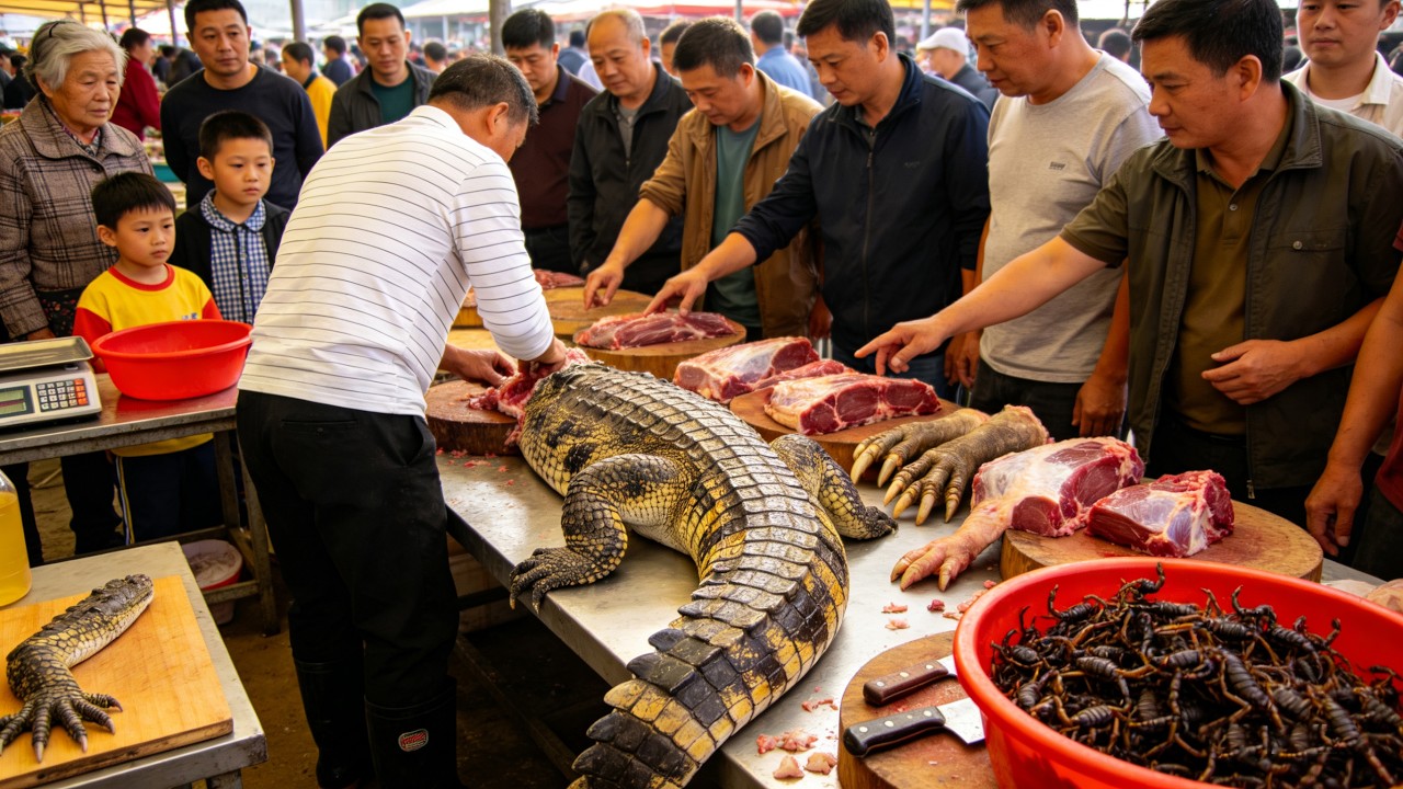 Мясо крокодила пользуется огромным спросом на самом удивительном рынке на юге Китая!