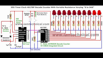 555 Timer Clock Pulses to 4017 Johnson Decade Counter With Variable Resistance Varying at 0 to 5KΩ