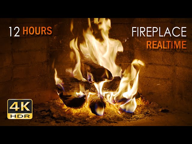 4K HDR - 12 Hours REALTIME Fireplace - Fire Burning Video & Crackling Sounds - NO LOOP - Ultra HD class=
