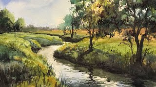 Simple Landscape with Sun - Watercolor Demo