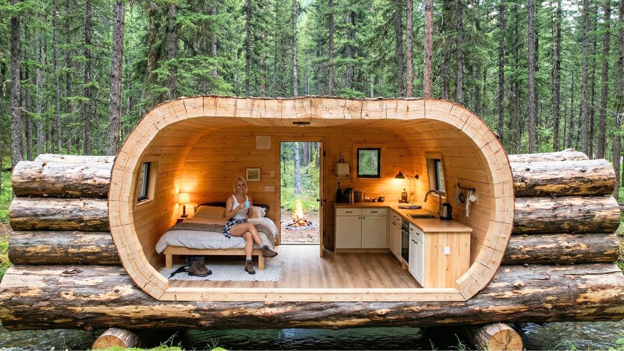 Building a House in the Forest – This Girl Builds a Modern Mini House Inside a Fallen Tree Trunk