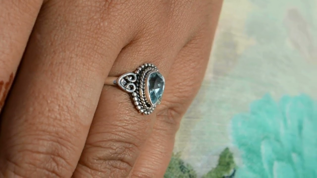 Blue Topaz Teardrop Silver Ring Topaz Pear Solitaire Ring December Birthstone Ring Pear Shape Ring