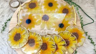 Beautiful Sunflower Resin Tray and Coaster Set