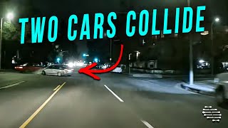 Two Cars Collide at an Intersection as One Slows Down and the Other Swerves
