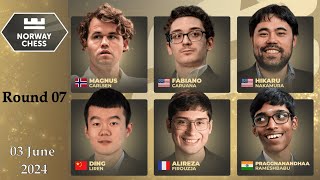 Norway Chess 2024 | Round 07 | Magnus, Hikaru, Ding, Fabiano, Alireza & Pragg