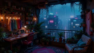 EverScape Above Cyberpunk City🌧️Rain Sounds & Ambient Music for Sleep, Focus & Relax | 5 Hours | 4K