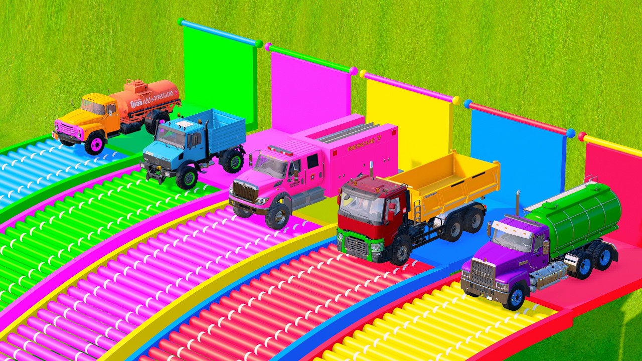 Transporting Colorful Rescue & Cargo Trucks on Giant Roller Ramps | FS22 - Farming Simulator 22