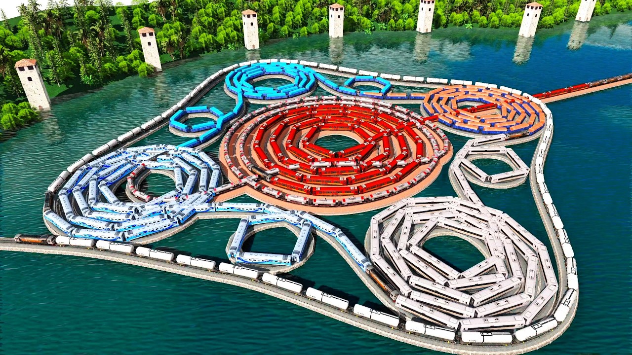 Kereta Api Panjang Melintasi Rel Spinner Raksasa🚂Rel Mirip Rasi Bintang Mengapung Di Atas Air🚦Trainz