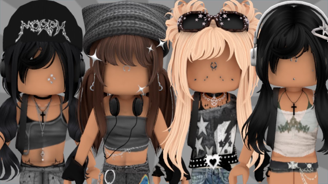 Four emo grunge roblox outfits with matching hats and accessories – Artofit