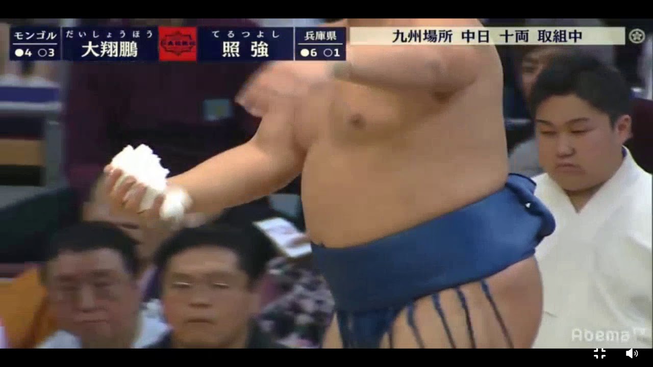 wrestling moves Terutsuyoshi 照強 v Daishoho 大翔鵬 Sumo 18 November 2018 Day 8 -nekodamashi!