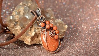 Gold Sandstone Copper Pendant, Unique Handmade Wire Wrapped Stone, wire wrapping and wire weaving