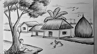 How to draw pencil sketch village scenery || Easy village landscape drawing