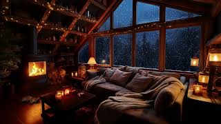 Atmospheric Winter Night with Falling Snow & Crackling Fire - Sleep, Relax or Study