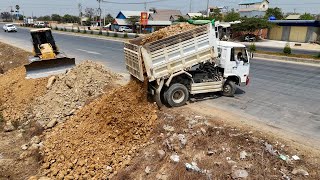 Starting New Project Landfill With Komatsu DR51PX Bulldozer Pushing Soil & 5Ton Truck Unloading soil