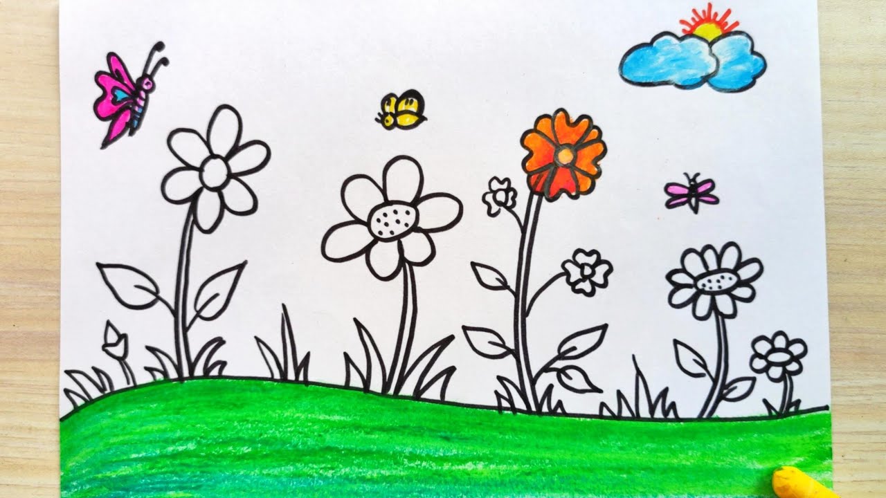 how to draw flower garden/flower garden drawing - YouTube