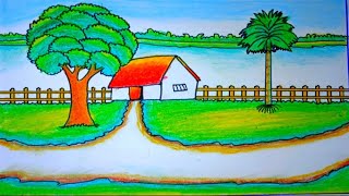 How to draw easy scenery drawing with oil pastel landscape village scenery drawing step by step.