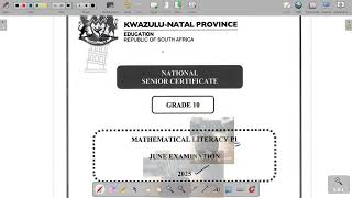 GRADE 10 MATHEMATICAL LITERACY TERM 2 FULL PAPER 1 JUNE 2025 KZN