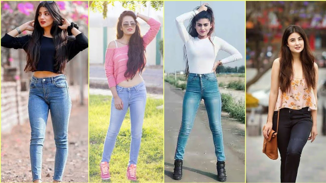 young stylish brunette girl posing in white shirt and jeans Stock Photo |  Adobe Stock