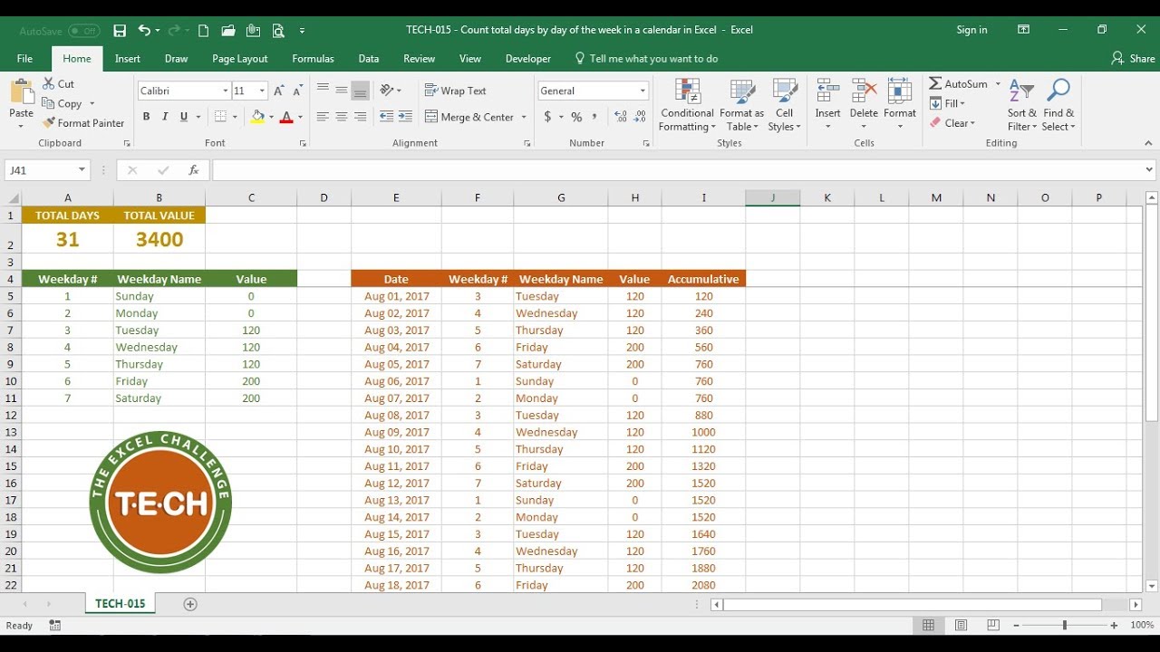 TECH015 Count total days by day of the week in a calendar in Excel