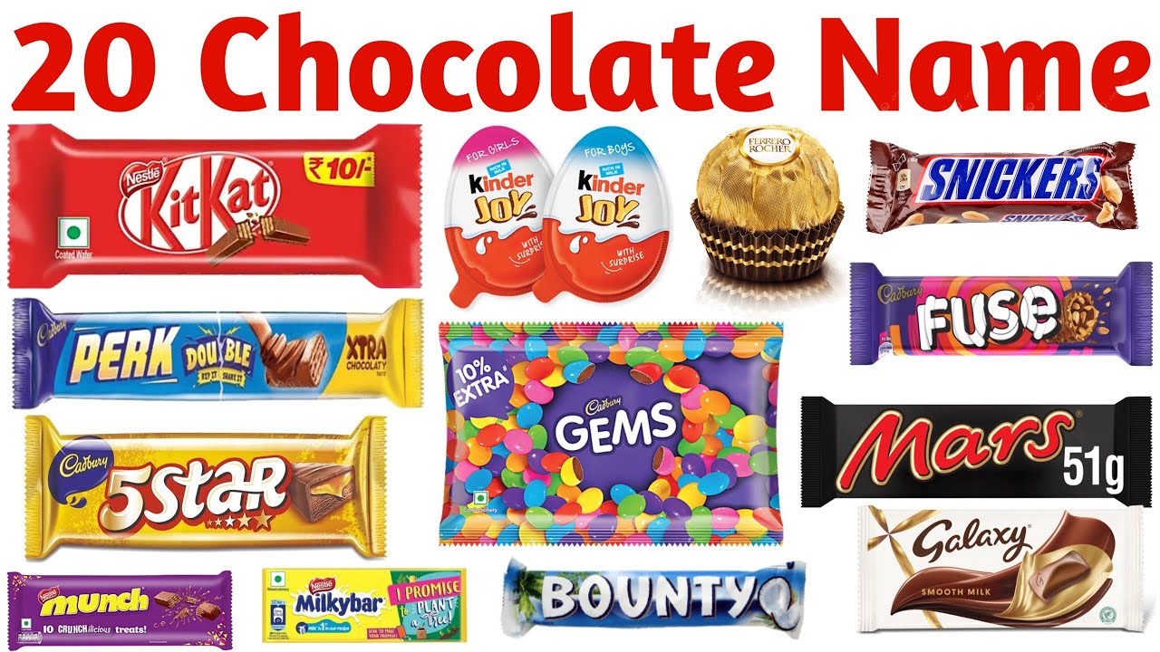 20 चॉकलेट के नाम बच्चों के लिए | 20 Chocolate Names for Kids Learning Fun Sweet Candy Video