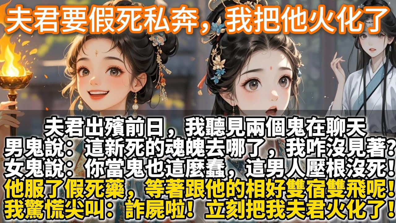 完結爽文：夫君要假死私奔，我把他火化了。夫君出殯前日，我聽見兩個鬼在聊天。男鬼說：這新死的魂魄去哪了，我咋沒見著？女鬼說：你當鬼也這麼蠢，這男人壓根沒死！他服了假死藥，等著跟他的相好雙宿雙飛呢！