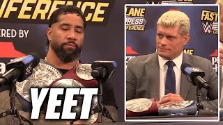 Jey Uso Shows Up Drunk To WWE Press Conference With Cody Rhodes (HILARIOUS)