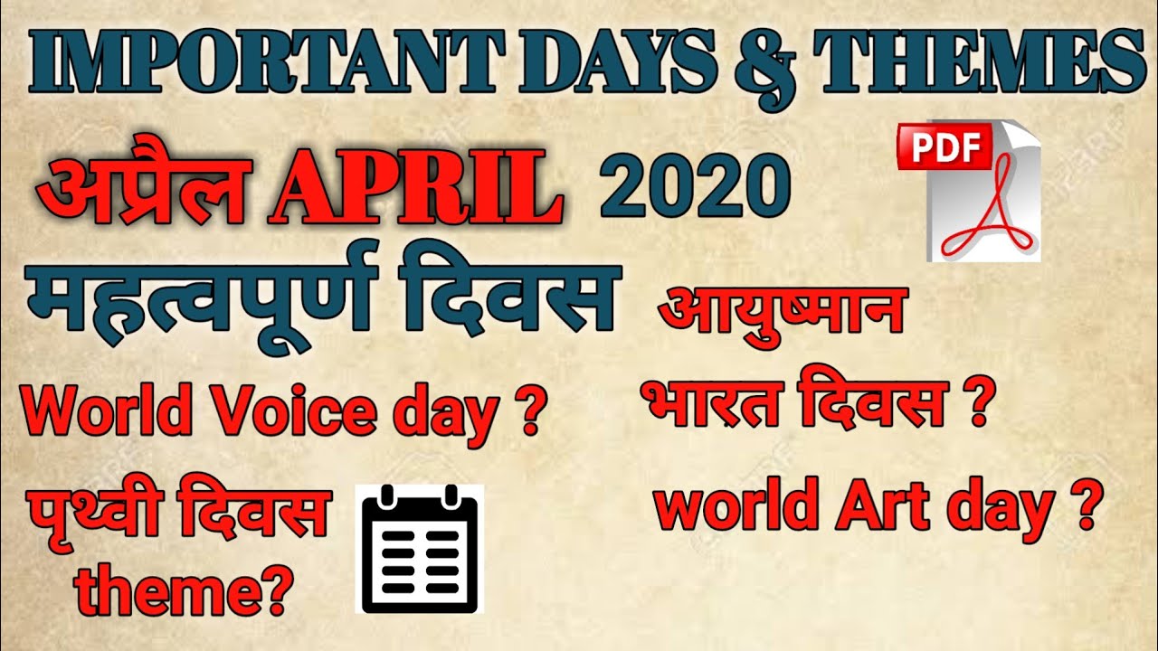 Important days April 2020|Days and themes 2020| days and themes April