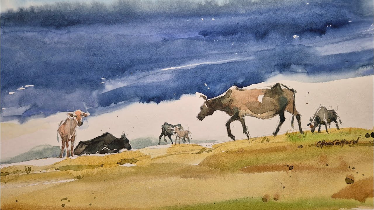 How to paint Watercolor Cows in Open Field | Dramatic Sky Landscape Tutorial | CSA Fine Art