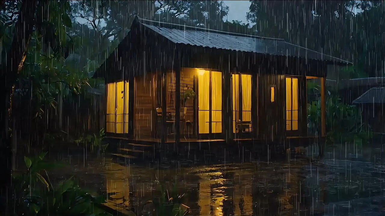 Rainy Night Cabin Ambience 🌧️ Cozy Warm Lights & Heavy Rain Sounds for ...