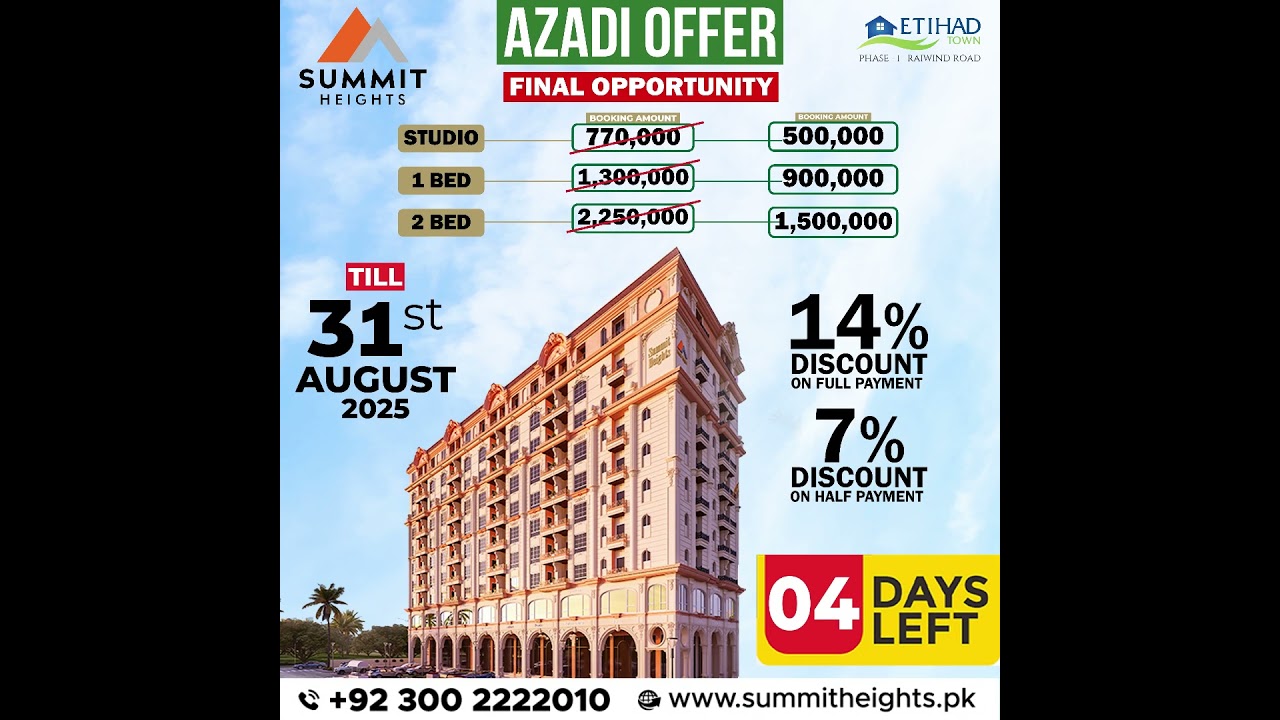 Summit Heights Azadi Offer 2025 | Luxury Apartments in Etihad Town Phase 1,  Lahore | 4 Days Left