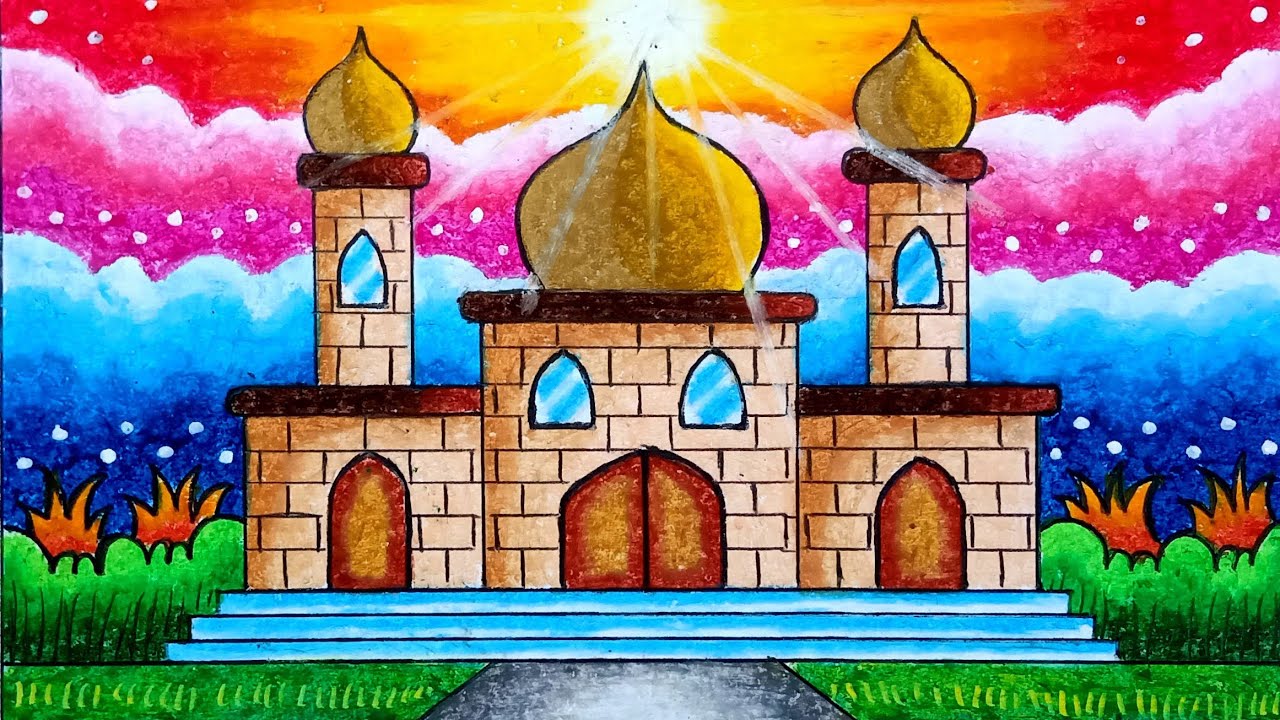 Cara Menggambar Masjid yang Mudah dan Bagus dengan Crayon Oil Pastel -  YouTube