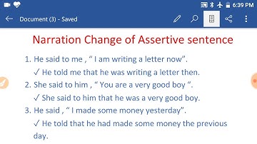 Narration part 2 || Narration Change of Assertive sentence|| For class 6,7,8,9,10,11,12/competitive