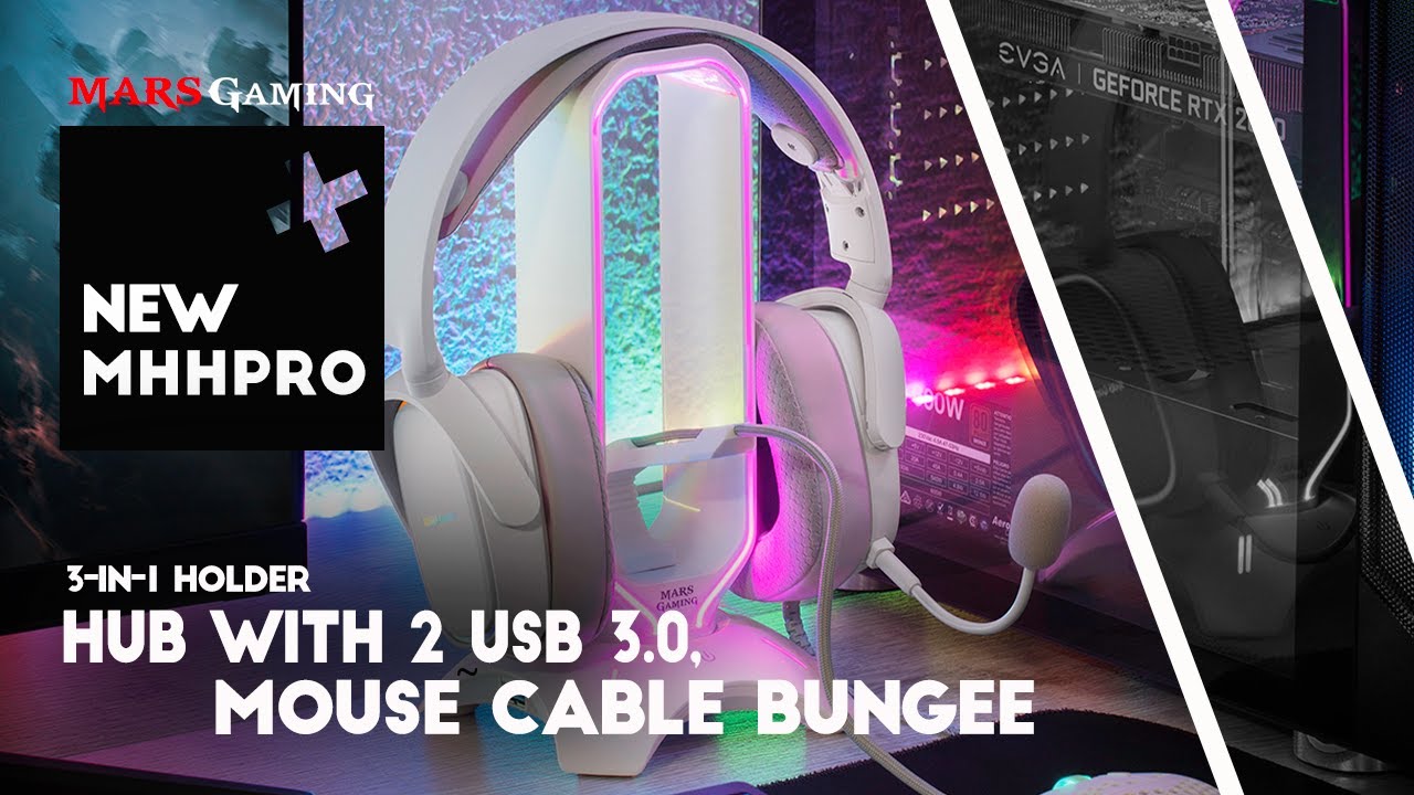 SUPPORT CASQUE MARS GAMING MHHPRO 3IN1 DIGITAL CONTROL RGB + MOUSE BUNGEE +  2XUSB3.0 HUB - BLANC