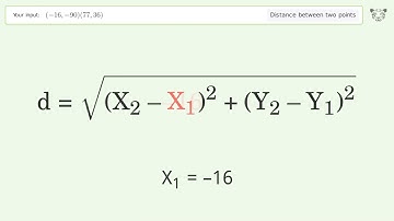 Find the distance between two points p1 (-16,-90) and p2 (77,36): Step-by-Step Video Solution