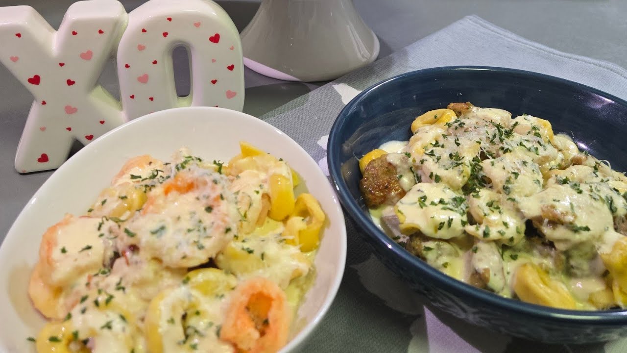 Tortellini pasta with shrimp and/or chicken in a garlic sauce with cheese...♥️♥️♥️