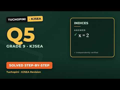 Thumbnail showing a flash card with the index equation 2 to the power X times 2 cubed equals 32, labelled KJSEA 2025 Maths Q5 Indices.