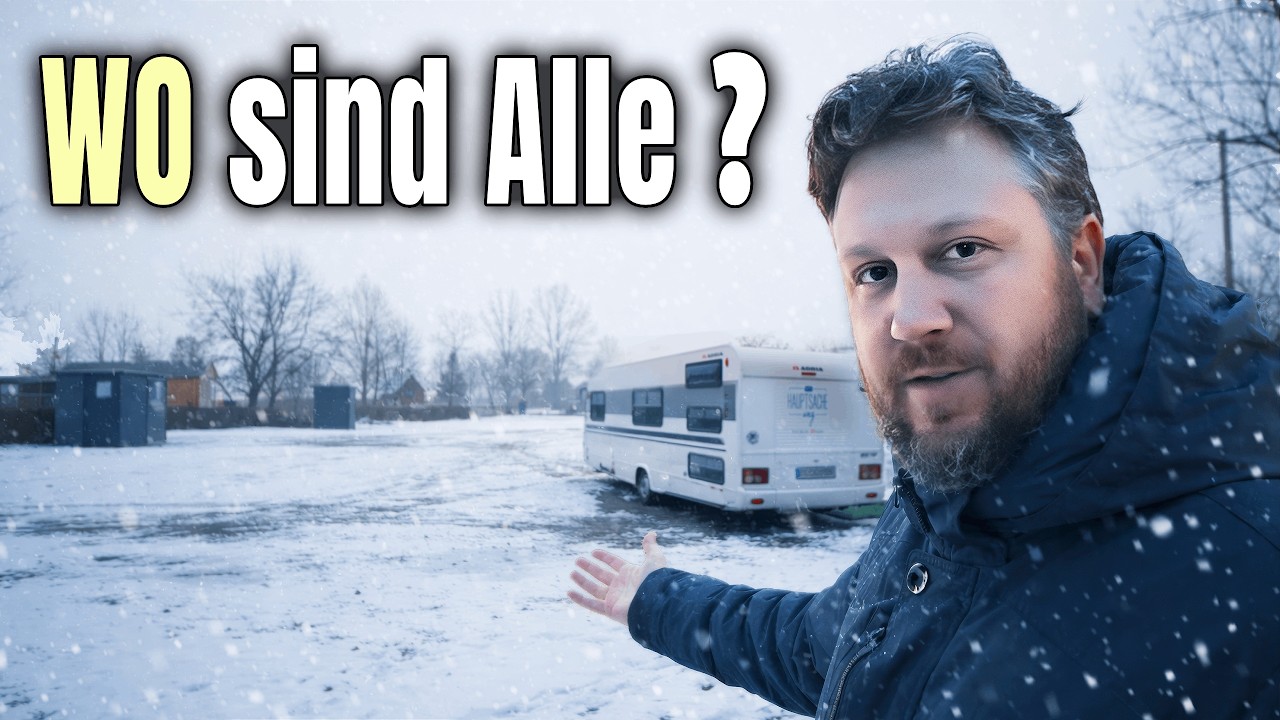 Camping ganz Allein auf Brandneuem Campingplatz mit Wohnwagen im Winter bei Schnee