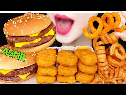 ASMR MCDONALDS DOUBLE CHEESE BURGER, CHICKEN NUGGETS, CURLY FRIES 맥도날드 햄버거, 치킨너겟 먹방 EATING SOUNDS